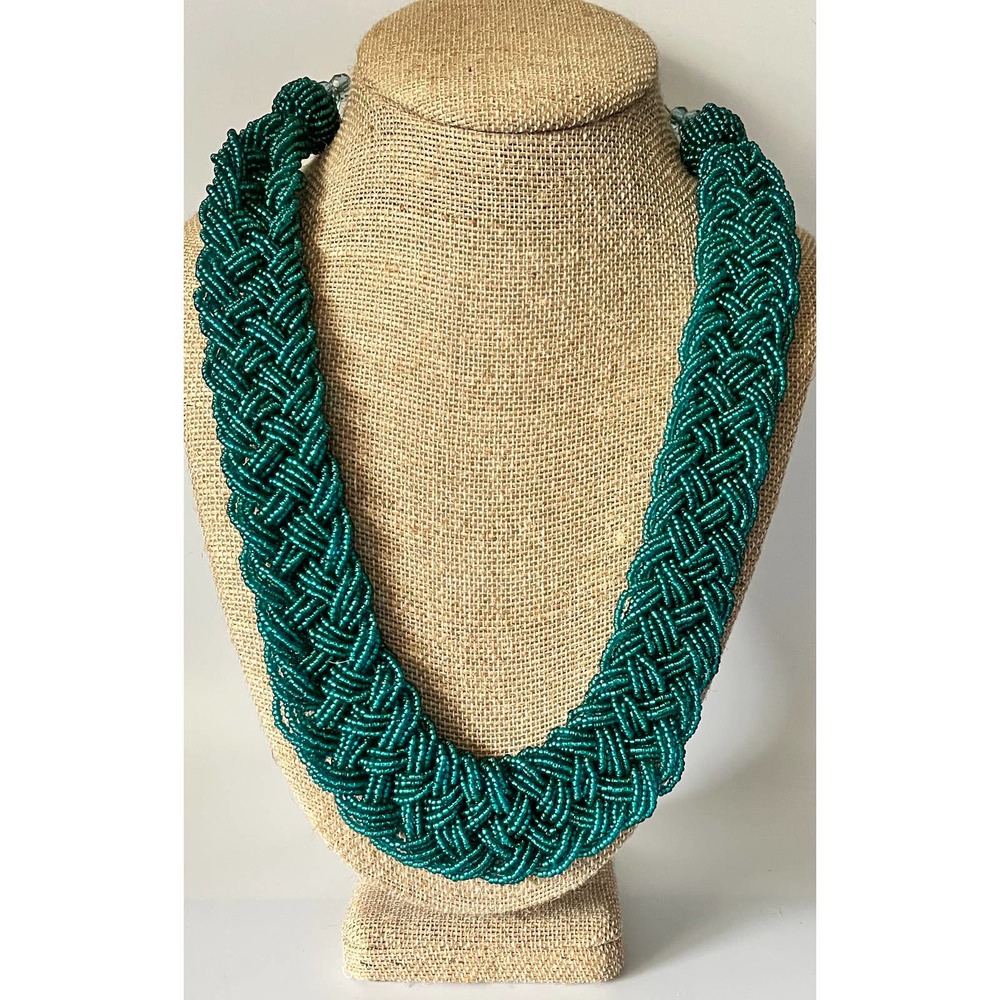 Large Vintage Woven Glass Seed Bead Statement Necklace Teal